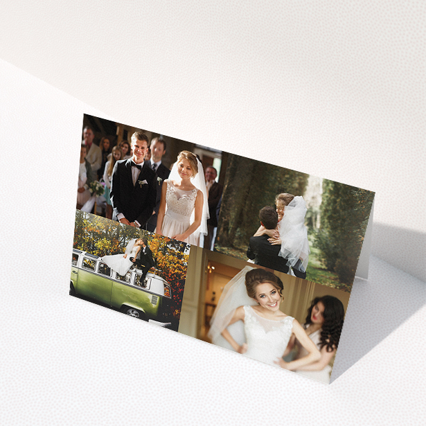 A wedding thank you card design named "Cheek by jowl". It is an A5 card in a landscape orientation. It is a photographic wedding thank you card with room for 3 photos. "Cheek by jowl" is available as a folded card, with tones of black and white.