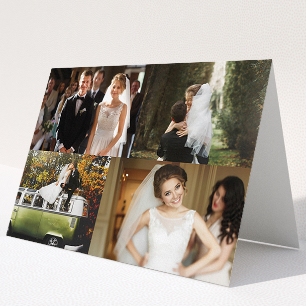 A wedding thank you card design named "Cheek by jowl". It is an A5 card in a landscape orientation. It is a photographic wedding thank you card with room for 3 photos. "Cheek by jowl" is available as a folded card, with tones of black and white.