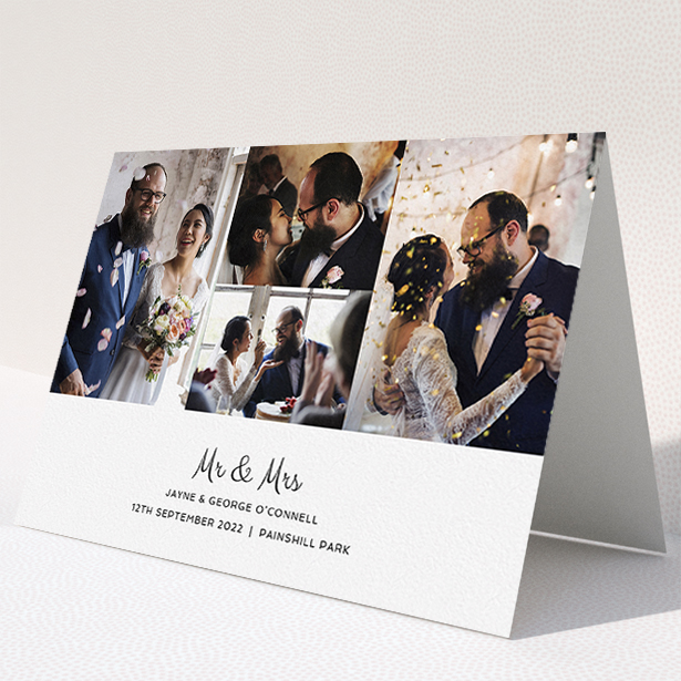 A wedding thank you card design named "Cheek by Jowl". It is an A5 card in a landscape orientation. It is a photographic wedding thank you card with room for 4 photos. "Cheek by Jowl" is available as a folded card, with mainly white colouring.