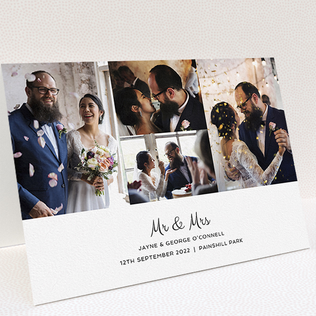 A wedding thank you card design named "Cheek by Jowl". It is an A5 card in a landscape orientation. It is a photographic wedding thank you card with room for 4 photos. "Cheek by Jowl" is available as a folded card, with mainly white colouring.