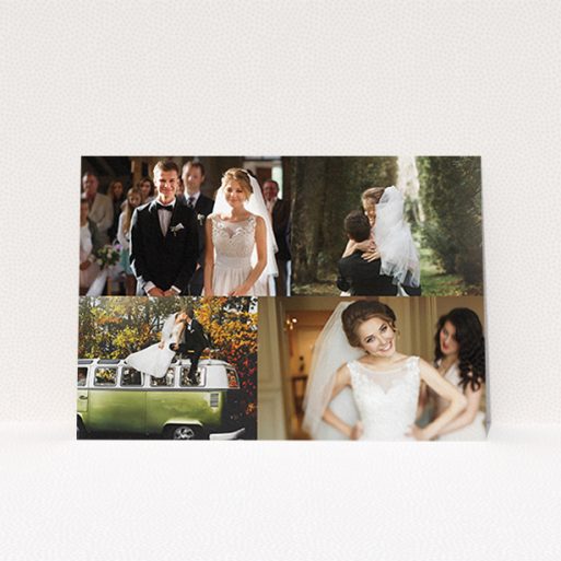 A wedding thank you card design titled "Cheek by jowl". It is an A6 card in a landscape orientation. It is a photographic wedding thank you card with room for 3 photos. "Cheek by jowl" is available as a flat card, with tones of black and white.