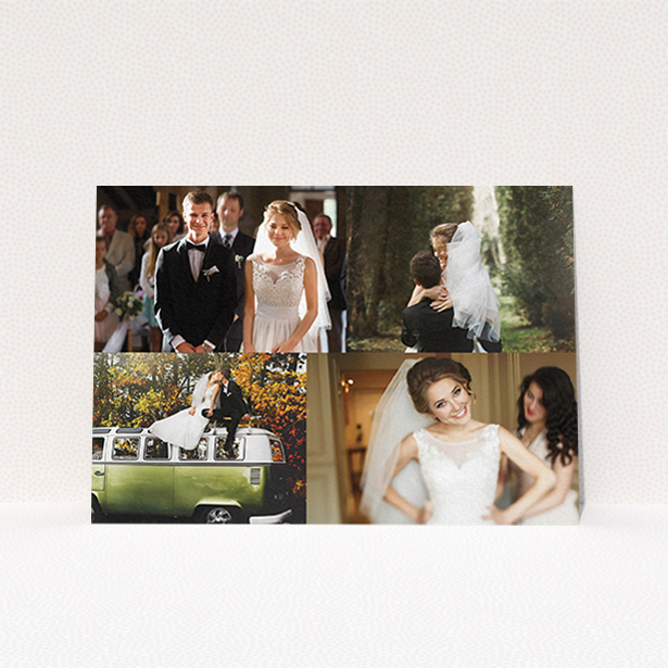 A wedding thank you card design titled "Cheek by jowl". It is an A6 card in a landscape orientation. It is a photographic wedding thank you card with room for 3 photos. "Cheek by jowl" is available as a flat card, with tones of black and white.