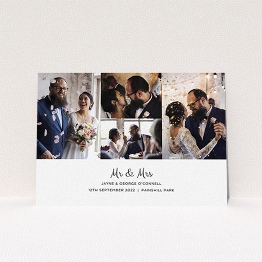 A wedding thank you card named "Cheek by Jowl". It is an A6 card in a landscape orientation. It is a photographic wedding thank you card with room for 4 photos. "Cheek by Jowl" is available as a flat card, with mainly white colouring.