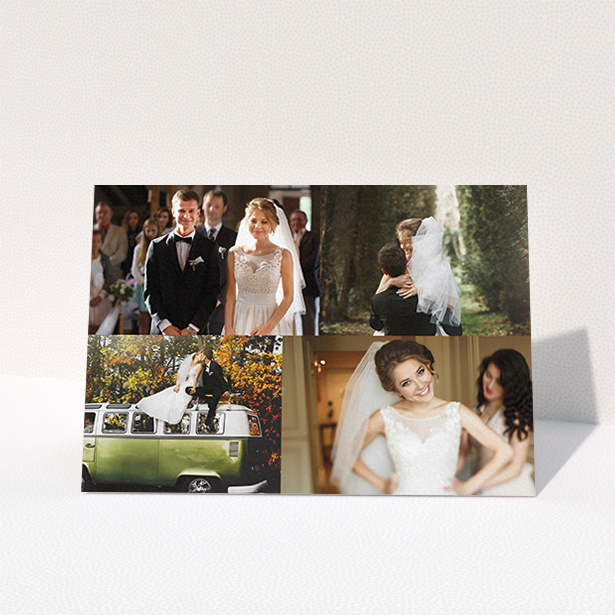 A wedding thank you card design called "Cheek by jowl". It is an A6 card in a landscape orientation. It is a photographic wedding thank you card with room for 3 photos. "Cheek by jowl" is available as a folded card, with tones of black and white.
