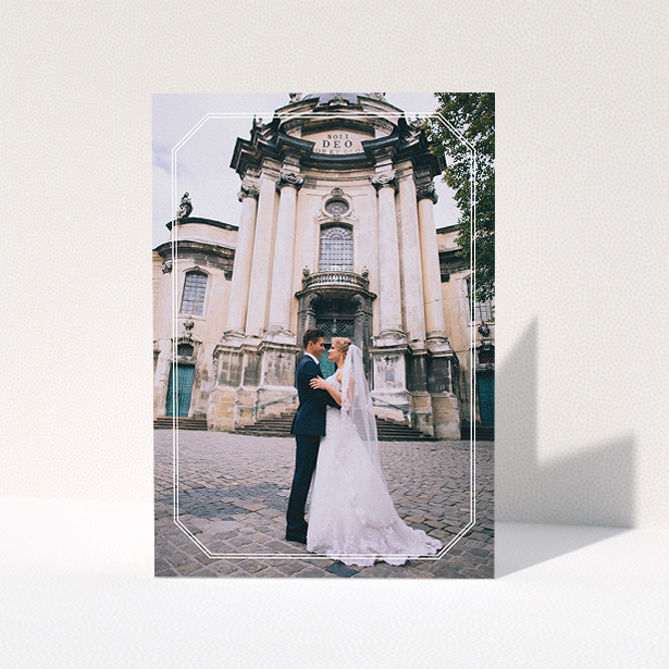 A wedding thank you card design called "Chiselled border". It is an A5 card in a portrait orientation. It is a photographic wedding thank you card with room for 1 photo. "Chiselled border" is available as a folded card, with mainly white colouring.