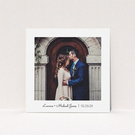 A wedding thank you card design titled "Classic Thank You with Photo". It is a square (148mm x 148mm) card in a square orientation. It is a photographic wedding thank you card with room for 1 photo. "Classic Thank You with Photo" is available as a flat card, with mainly white colouring.