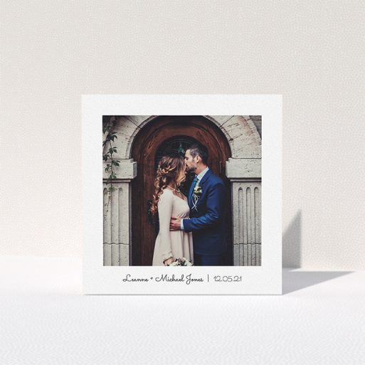 A wedding thank you card design called "Classic Thank You with Photo". It is a square (148mm x 148mm) card in a square orientation. It is a photographic wedding thank you card with room for 1 photo. "Classic Thank You with Photo" is available as a folded card, with mainly white colouring.