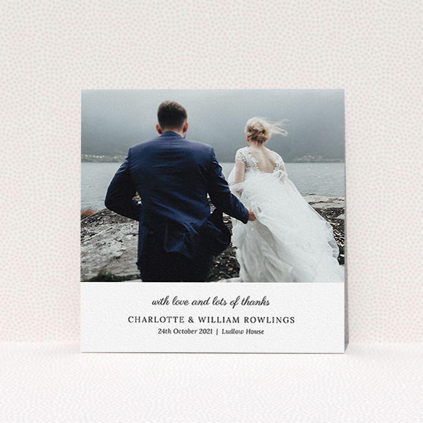 A wedding thank you card design titled "Classic Wedding Thanks". It is a square (148mm x 148mm) card in a square orientation. It is a photographic wedding thank you card with room for 1 photo. "Classic Wedding Thanks" is available as a flat card, with mainly white colouring.