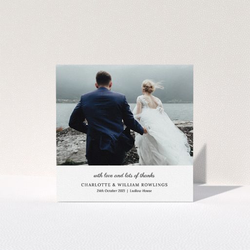A wedding thank you card design called "Classic Wedding Thanks". It is a square (148mm x 148mm) card in a square orientation. It is a photographic wedding thank you card with room for 1 photo. "Classic Wedding Thanks" is available as a folded card, with mainly white colouring.