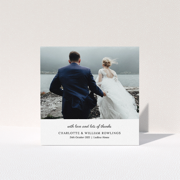 A wedding thank you card design called "Classic Wedding Thanks". It is a square (148mm x 148mm) card in a square orientation. It is a photographic wedding thank you card with room for 1 photo. "Classic Wedding Thanks" is available as a folded card, with mainly white colouring.