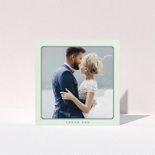 A wedding thank you card design called "Deco mint". It is a square (148mm x 148mm) card in a square orientation. It is a photographic wedding thank you card with room for 1 photo. "Deco mint" is available as a folded card, with mainly green colouring.