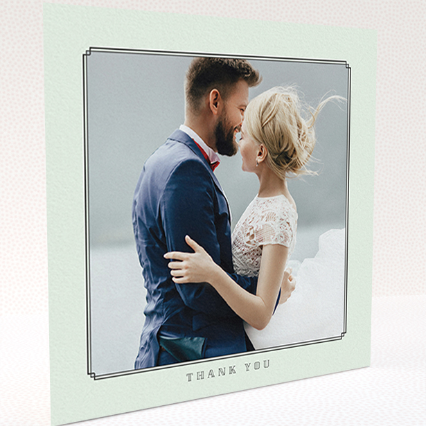 A wedding thank you card design called "Deco mint". It is a square (148mm x 148mm) card in a square orientation. It is a photographic wedding thank you card with room for 1 photo. "Deco mint" is available as a folded card, with mainly green colouring.