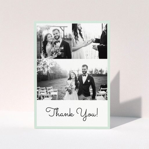 A wedding thank you card named "Duck Shell Green Thanks". It is an A6 card in a portrait orientation. It is a photographic wedding thank you card with room for 3 photos. "Duck Shell Green Thanks" is available as a folded card, with tones of green and white.