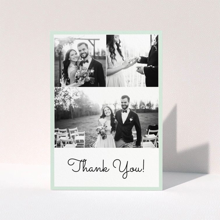A wedding thank you card named "Duck Shell Green Thanks". It is an A6 card in a portrait orientation. It is a photographic wedding thank you card with room for 3 photos. "Duck Shell Green Thanks" is available as a folded card, with tones of green and white.
