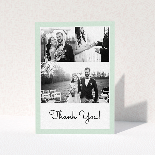A wedding thank you card named "Duck Shell Green Thanks". It is an A6 card in a portrait orientation. It is a photographic wedding thank you card with room for 3 photos. "Duck Shell Green Thanks" is available as a folded card, with tones of green and white.