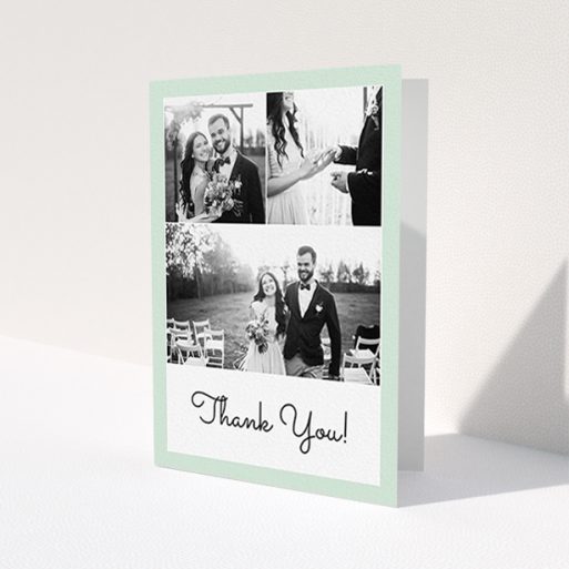 A wedding thank you card named 'Duck Shell Green Thanks'. It is an A6 card in a portrait orientation. It is a photographic wedding thank you card with room for 3 photos. 'Duck Shell Green Thanks' is available as a folded card, with tones of green and white.