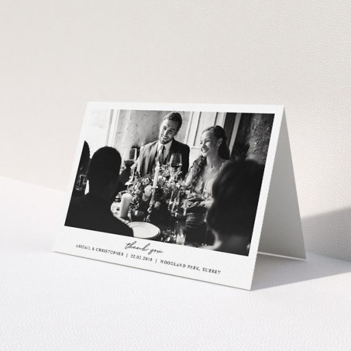 A wedding thank you card template titled 'Everything You Need'. It is an A5 card in a landscape orientation. It is a photographic wedding thank you card with room for 1 photo. 'Everything You Need' is available as a folded card, with mainly white colouring.