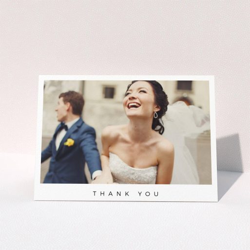 A wedding thank you card design titled "Full-page landscape". It is an A5 card in a landscape orientation. It is a photographic wedding thank you card with room for 1 photo. "Full-page landscape" is available as a folded card, with mainly white colouring.