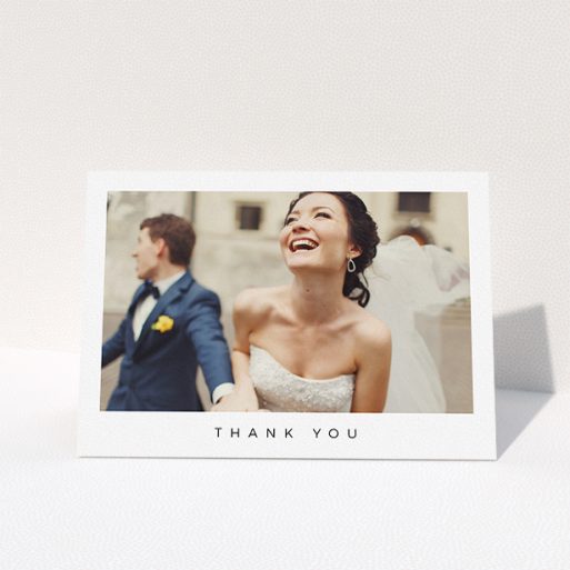 A wedding thank you card design titled "Full-page landscape". It is an A5 card in a landscape orientation. It is a photographic wedding thank you card with room for 1 photo. "Full-page landscape" is available as a folded card, with mainly white colouring.