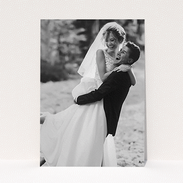 A wedding thank you card named "Full-page portrait". It is an A6 card in a portrait orientation. It is a photographic wedding thank you card with room for 1 photo. "Full-page portrait" is available as a flat card.