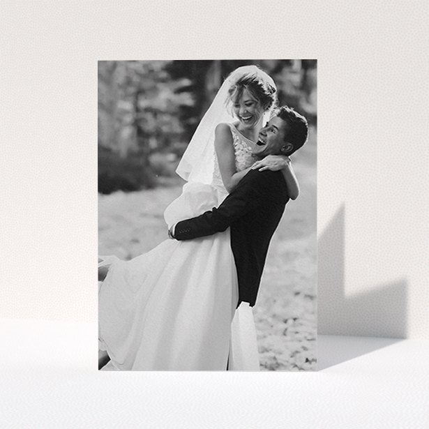 A wedding thank you card called "Full-page portrait". It is an A6 card in a portrait orientation. It is a photographic wedding thank you card with room for 1 photo. "Full-page portrait" is available as a folded card.