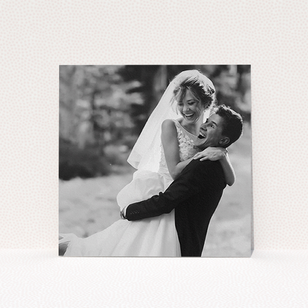 A wedding thank you card named "Full-page portrait". It is a square (148mm x 148mm) card in a square orientation. It is a photographic wedding thank you card with room for 1 photo. "Full-page portrait" is available as a flat card.