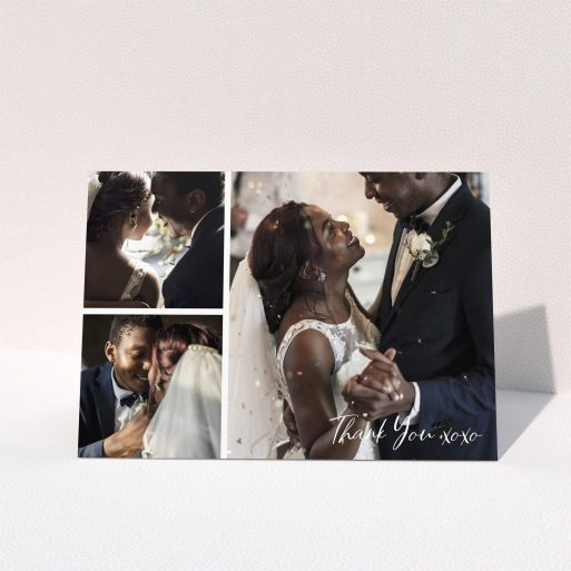A wedding thank you card design named "In Thirds". It is an A5 card in a landscape orientation. It is a photographic wedding thank you card with room for 3 photos. "In Thirds" is available as a folded card, with mainly white colouring.