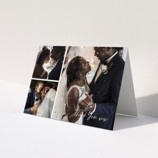 A wedding thank you card design named 'In Thirds'. It is an A5 card in a landscape orientation. It is a photographic wedding thank you card with room for 3 photos. 'In Thirds' is available as a folded card, with mainly white colouring.