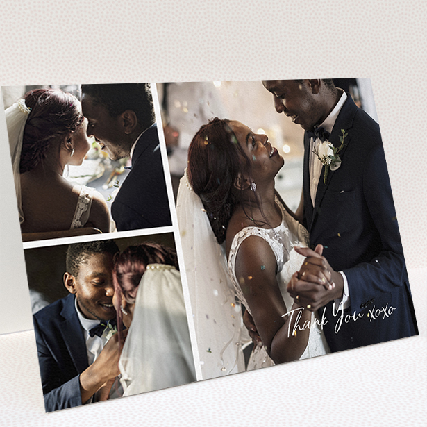 A wedding thank you card design named "In Thirds". It is an A5 card in a landscape orientation. It is a photographic wedding thank you card with room for 3 photos. "In Thirds" is available as a folded card, with mainly white colouring.