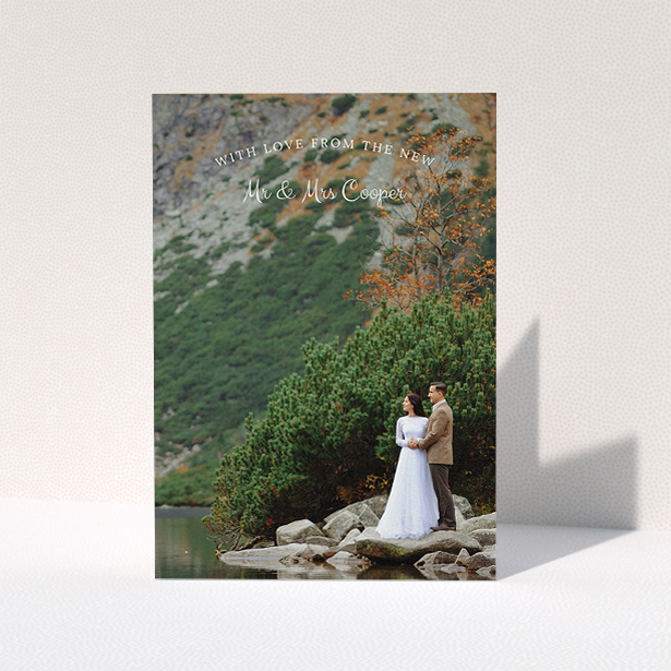 A wedding thank you card design called "Intro-Thanks-Photo". It is an A5 card in a portrait orientation. It is a photographic wedding thank you card with room for 1 photo. "Intro-Thanks-Photo" is available as a folded card, with mainly white colouring.