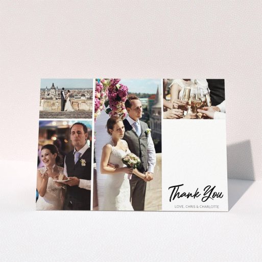 A wedding thank you card called "It just works". It is an A5 card in a landscape orientation. It is a photographic wedding thank you card with room for 3 photos. "It just works" is available as a folded card, with tones of black and white.