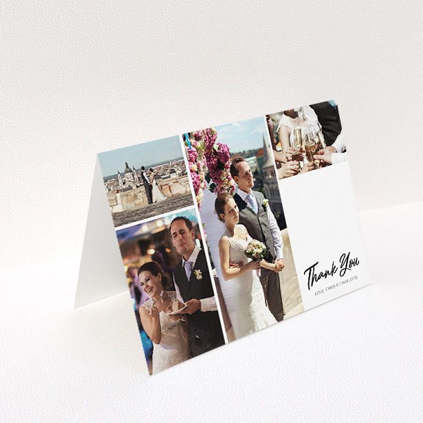 A wedding thank you card called "It just works". It is an A5 card in a landscape orientation. It is a photographic wedding thank you card with room for 3 photos. "It just works" is available as a folded card, with tones of black and white.