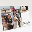 A wedding thank you card called "It just works". It is an A5 card in a landscape orientation. It is a photographic wedding thank you card with room for 3 photos. "It just works" is available as a folded card, with tones of black and white.