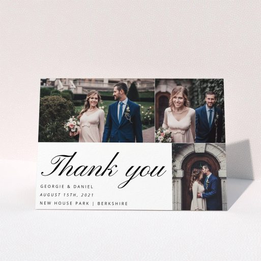 A wedding thank you card design called "Italic Photo Thanks". It is an A5 card in a landscape orientation. It is a photographic wedding thank you card with room for 3 photos. "Italic Photo Thanks" is available as a folded card, with mainly white colouring.