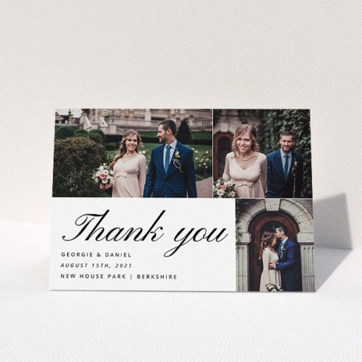 A wedding thank you card design called "Italic Photo Thanks". It is an A5 card in a landscape orientation. It is a photographic wedding thank you card with room for 3 photos. "Italic Photo Thanks" is available as a folded card, with mainly white colouring.