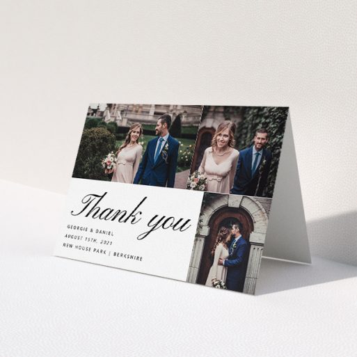 A wedding thank you card design called 'Italic Photo Thanks'. It is an A5 card in a landscape orientation. It is a photographic wedding thank you card with room for 3 photos. 'Italic Photo Thanks' is available as a folded card, with mainly white colouring.
