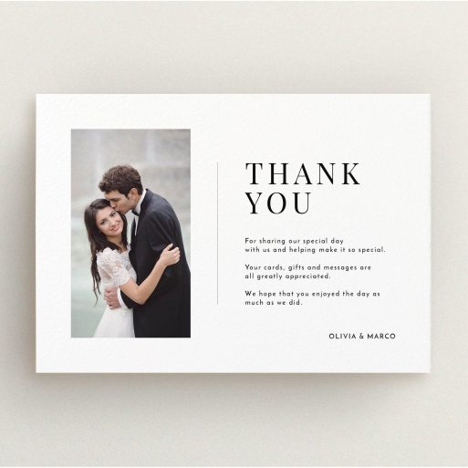 A wedding thank you card design titled "Just a little thank you". It is an A5 card in a landscape orientation. It is a photographic wedding thank you card with room for 1 photo. "Just a little thank you" is available as a flat card, with mainly white colouring.