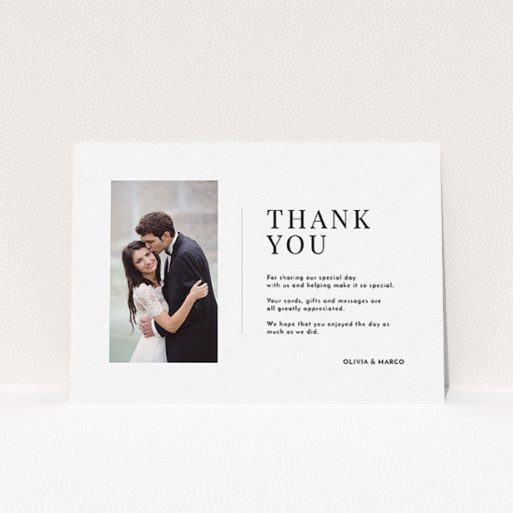 A wedding thank you card design titled "Just a little thank you". It is an A5 card in a landscape orientation. It is a photographic wedding thank you card with room for 1 photo. "Just a little thank you" is available as a flat card, with mainly white colouring.