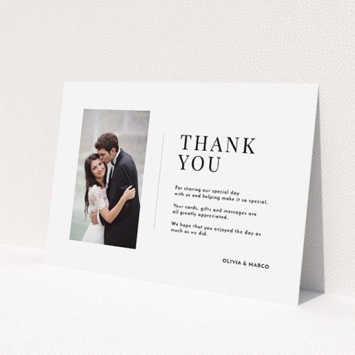 A wedding thank you card design titled 'Just a little thank you'. It is an A5 card in a landscape orientation. It is a photographic wedding thank you card with room for 1 photo. 'Just a little thank you' is available as a flat card, with mainly white colouring.