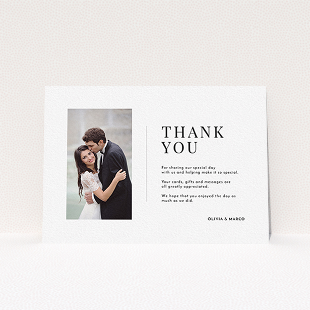 A wedding thank you card named "Just a little thank you". It is an A6 card in a landscape orientation. It is a photographic wedding thank you card with room for 1 photo. "Just a little thank you" is available as a flat card, with mainly white colouring.
