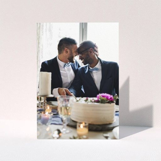 A wedding thank you card design titled "Just a Photo". It is an A5 card in a portrait orientation. It is a photographic wedding thank you card with room for 1 photo. "Just a Photo" is available as a folded card.