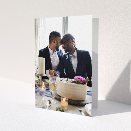 A wedding thank you card design titled 'Just a Photo'. It is an A5 card in a portrait orientation. It is a photographic wedding thank you card with room for 1 photo. 'Just a Photo' is available as a folded card.