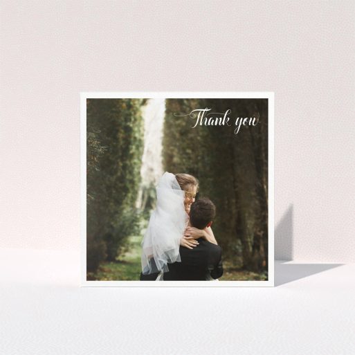 Wedding Thank You Card Design - "Just the two of us" A wedding thank you card template titled "Just the two of us". It is a square (148mm x 148mm) card in a square orientation. It is a photographic wedding thank you card with room for 1 photo. "Just the two of us" is available as a folded card, with mainly white colouring.