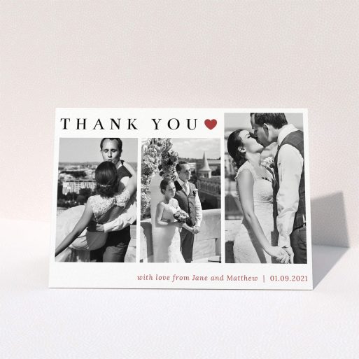 A wedding thank you card design called "Landscape Photo Thank You". It is an A5 card in a landscape orientation. It is a photographic wedding thank you card with room for 3 photos. "Landscape Photo Thank You" is available as a folded card, with tones of white and red.