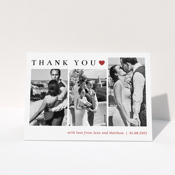 A wedding thank you card design called "Landscape Photo Thank You". It is an A5 card in a landscape orientation. It is a photographic wedding thank you card with room for 3 photos. "Landscape Photo Thank You" is available as a folded card, with tones of white and red.