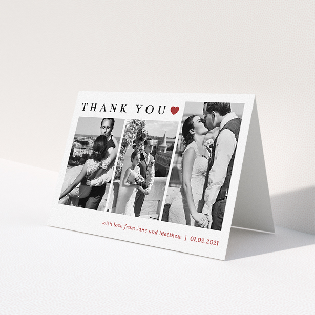 A wedding thank you card design called 'Landscape Photo Thank You'. It is an A5 card in a landscape orientation. It is a photographic wedding thank you card with room for 3 photos. 'Landscape Photo Thank You' is available as a folded card, with tones of white and red.