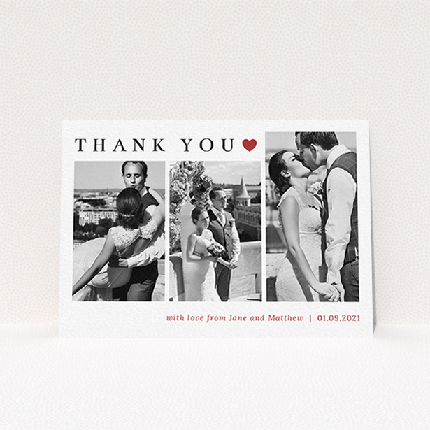 A wedding thank you card called "Landscape Photo Thank You". It is an A6 card in a landscape orientation. It is a photographic wedding thank you card with room for 3 photos. "Landscape Photo Thank You" is available as a flat card, with tones of white and red.