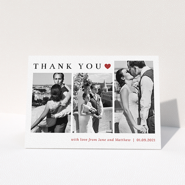 A wedding thank you card design titled "Landscape Photo Thank You". It is an A6 card in a landscape orientation. It is a photographic wedding thank you card with room for 3 photos. "Landscape Photo Thank You" is available as a folded card, with tones of white and red.