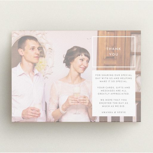 A wedding thank you card design named "Little white box". It is an A5 card in a landscape orientation. It is a photographic wedding thank you card with room for 1 photo. "Little white box" is available as a flat card, with mainly white colouring.
