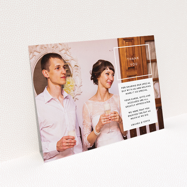 A wedding thank you card design named "Little white box". It is an A5 card in a landscape orientation. It is a photographic wedding thank you card with room for 1 photo. "Little white box" is available as a flat card, with mainly white colouring.